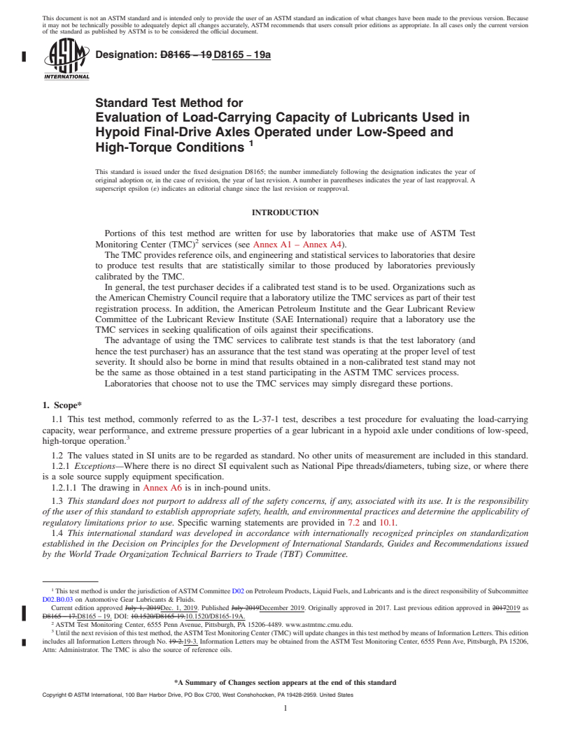 REDLINE ASTM D8165-19a - Standard Test Method for Evaluation of Load-Carrying Capacity of Lubricants Used in  Hypoid Final-Drive Axles Operated under Low-Speed and High-Torque  Conditions