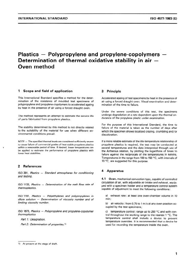 ISO 4577:1983 - Plastics -- Polypropylene and propylene-copolymers -- Determination of thermal oxidative stability in air -- Oven method