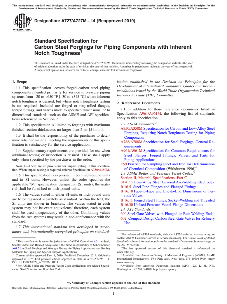 ASTM A727/A727M-14(2019) - Standard Specification for  Carbon Steel Forgings for Piping Components with Inherent Notch   Toughness