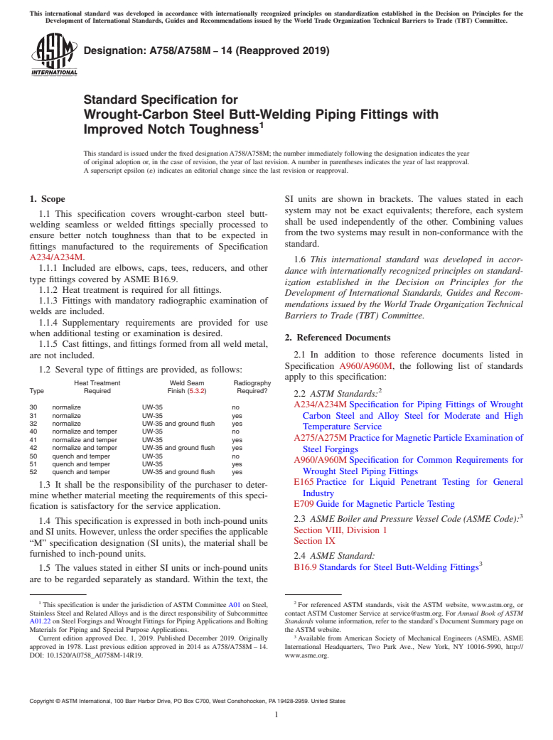 ASTM A758/A758M-14(2019) - Standard Specification for  Wrought-Carbon Steel Butt-Welding Piping Fittings with Improved  Notch Toughness