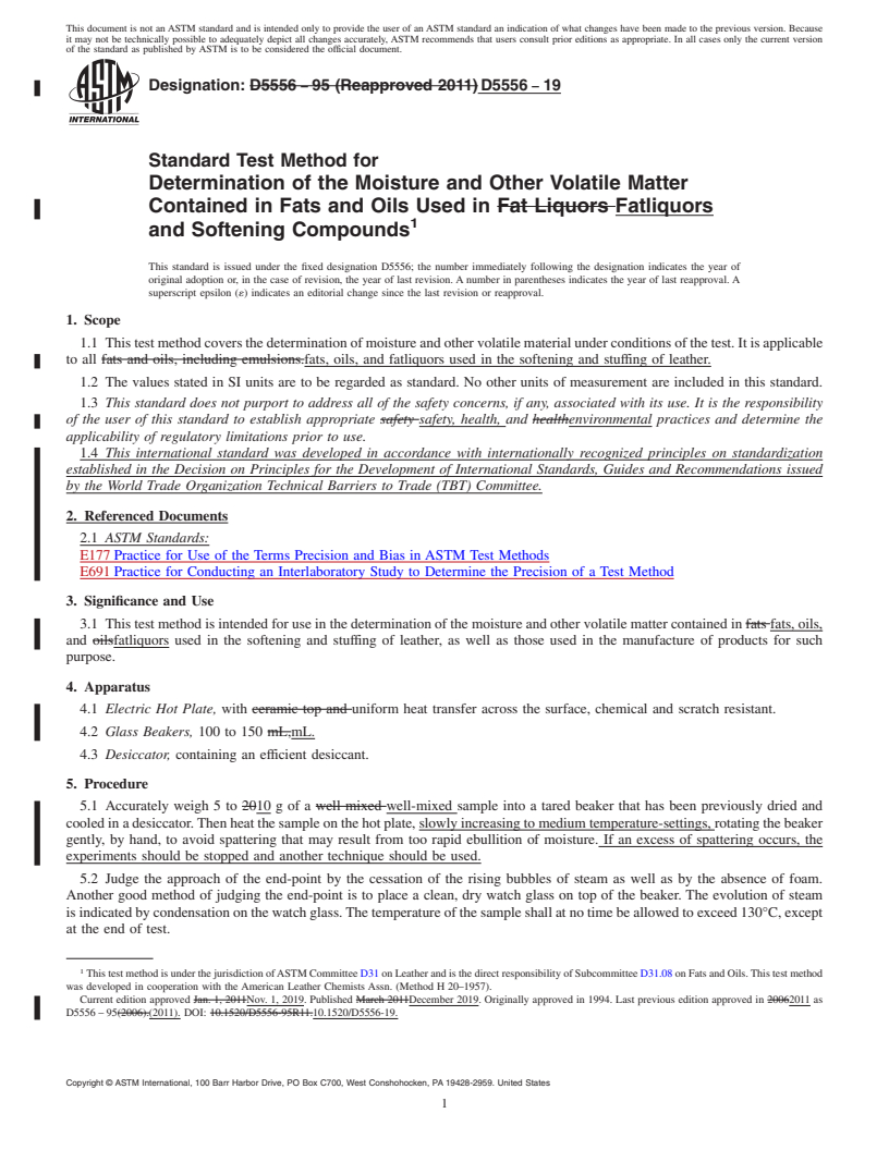 REDLINE ASTM D5556-19 - Standard Test Method for  Determination of the Moisture and Other Volatile Matter Contained  in Fats and Oils Used in Fatliquors and Softening Compounds