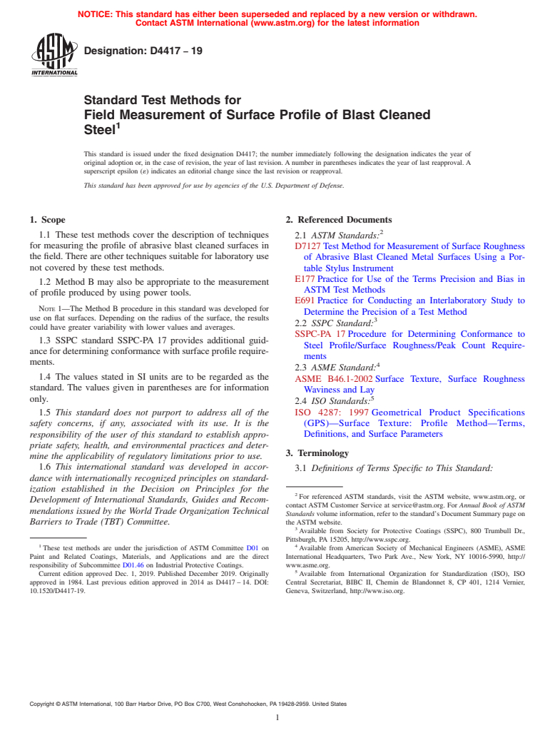 ASTM D4417-19 - Standard Test Methods for Field Measurement of Surface Profile of Blast Cleaned Steel