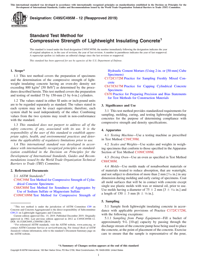 ASTM C495/C495M-12(2019) - Standard Test Method for  Compressive Strength of Lightweight Insulating Concrete