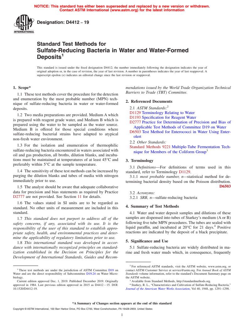 ASTM D4412-19 - Standard Test Methods for  Sulfate-Reducing Bacteria in Water and Water-Formed Deposits