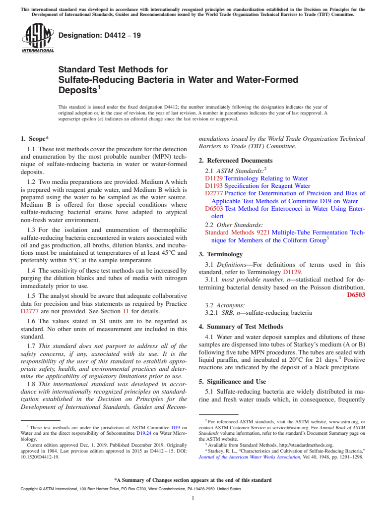 ASTM D4412-19 - Standard Test Methods for  Sulfate-Reducing Bacteria in Water and Water-Formed Deposits