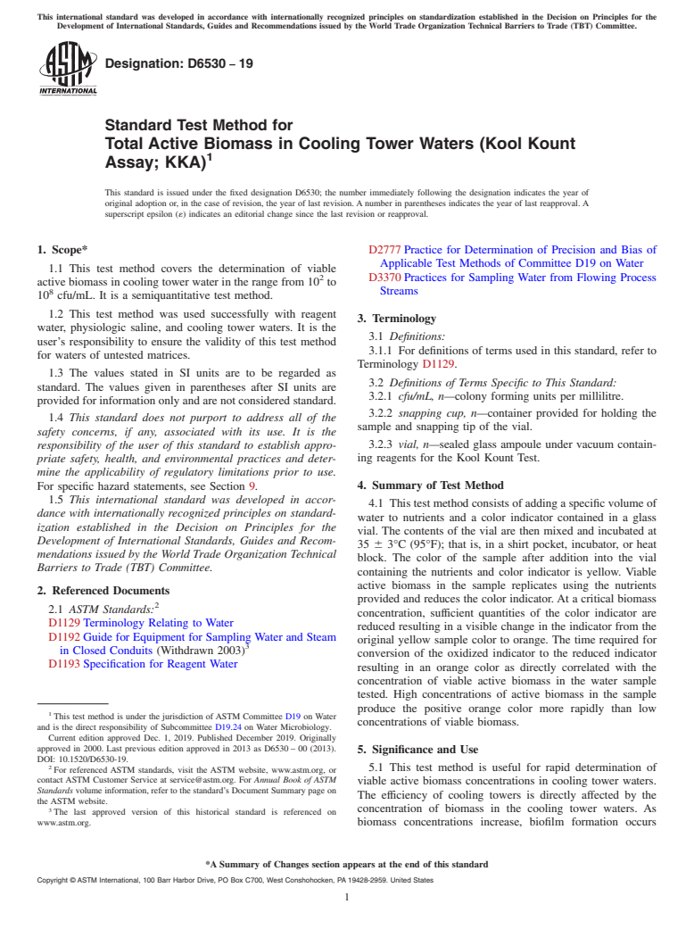 ASTM D6530-19 - Standard Test Method for  Total Active Biomass in Cooling Tower Waters (Kool Kount Assay;  KKA)