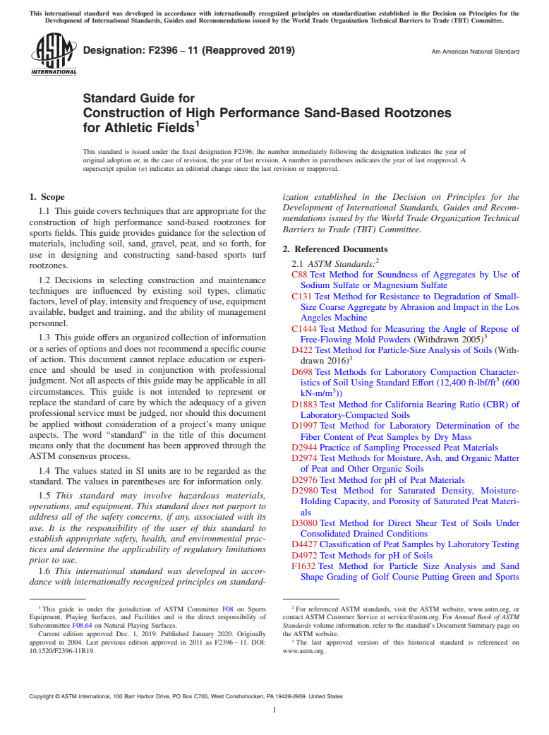 ASTM F2396-11(2019) - Standard Guide for  Construction of High Performance Sand-Based Rootzones for Athletic  Fields