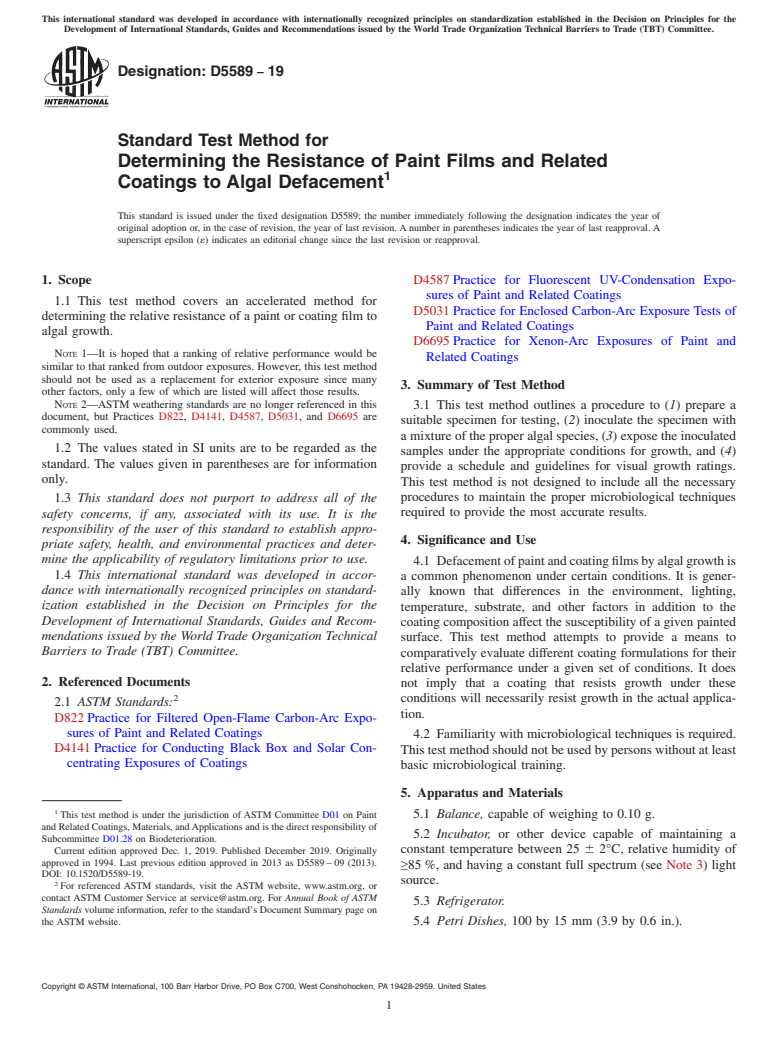 ASTM D5589-19 - Standard Test Method for Determining the Resistance of Paint Films and Related Coatings  to Algal Defacement
