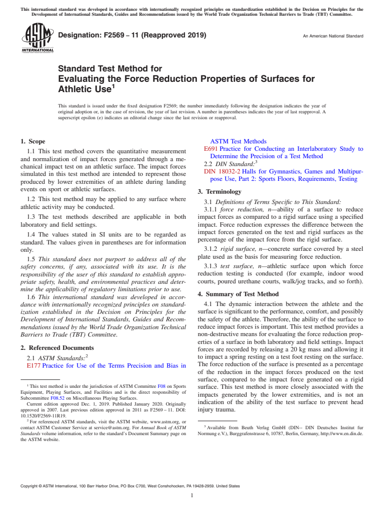 ASTM F2569-11(2019) - Standard Test Method for  Evaluating the Force Reduction Properties of Surfaces for Athletic  Use