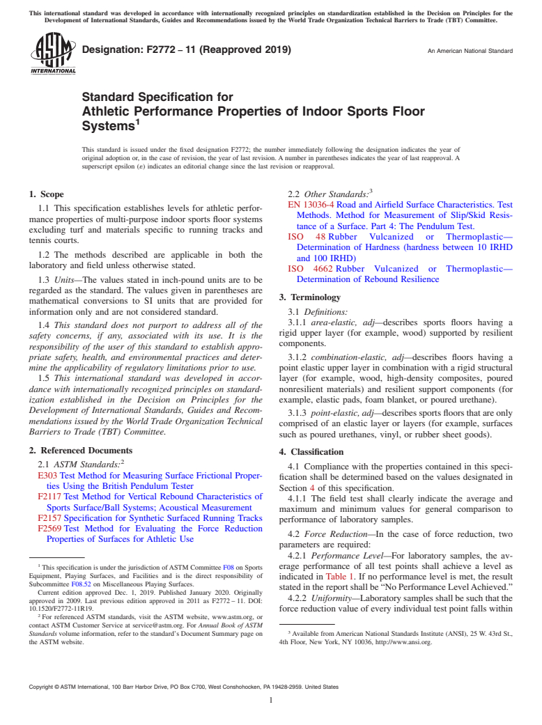 ASTM F2772-11(2019) - Standard Specification for  Athletic Performance Properties of Indoor Sports Floor Systems