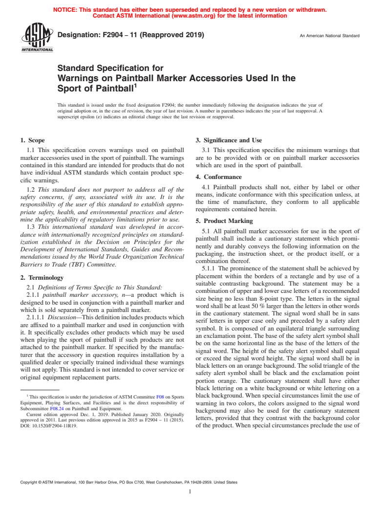 ASTM F2904-11(2019) - Standard Specification for  Warnings on Paintball Marker Accessories Used In the Sport  of Paintball