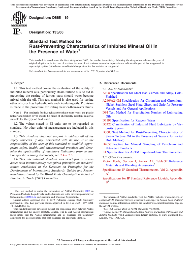 ASTM D665-19 - Standard Test Method for Rust-Preventing Characteristics of Inhibited Mineral Oil in  the Presence of Water