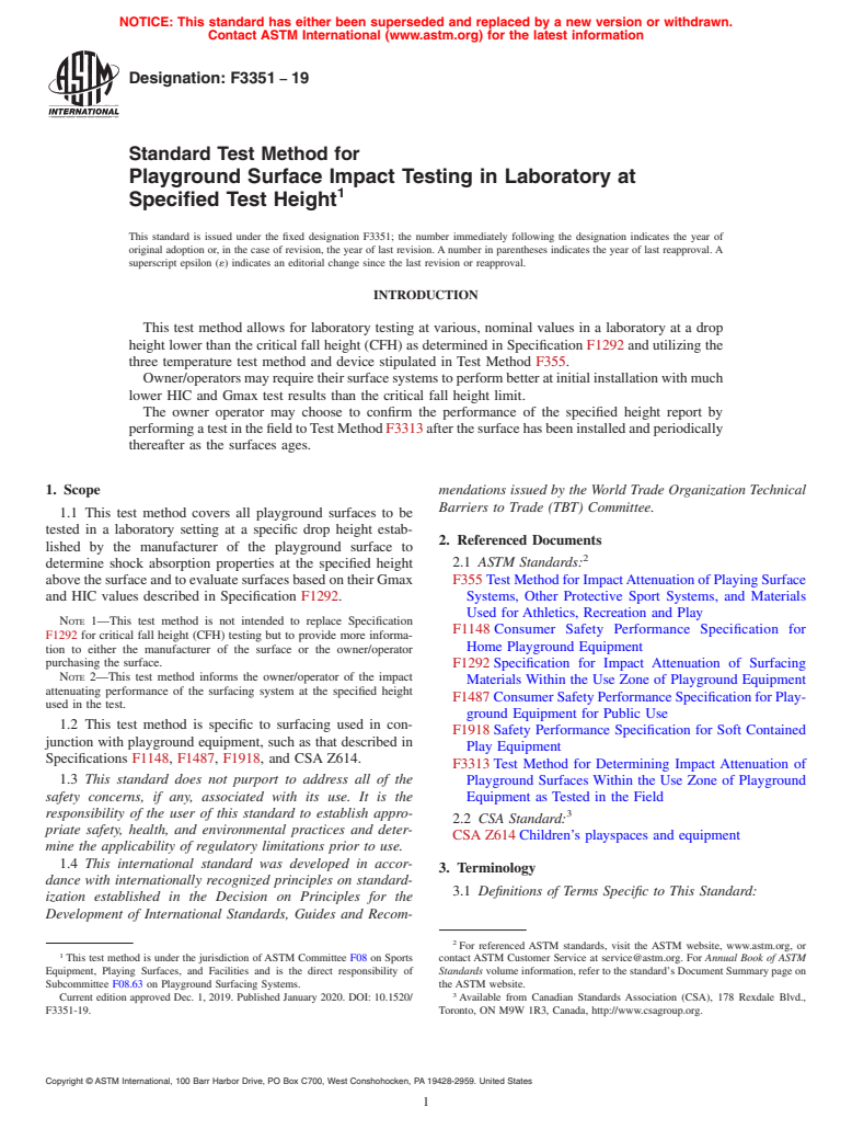 ASTM F3351-19 - Standard Test Method for Playground Surface Impact Testing in Laboratory at Specified  Test Height