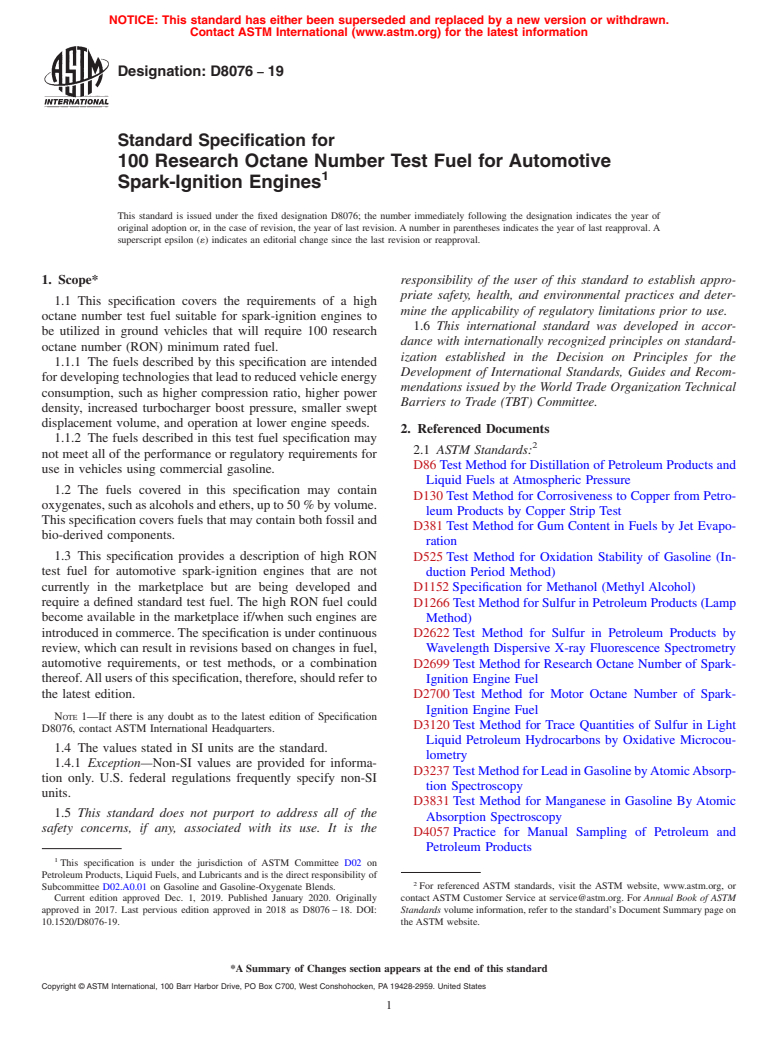 ASTM D8076-19 - Standard Specification for 100 Research Octane Number Test Fuel for Automotive Spark-Ignition  Engines