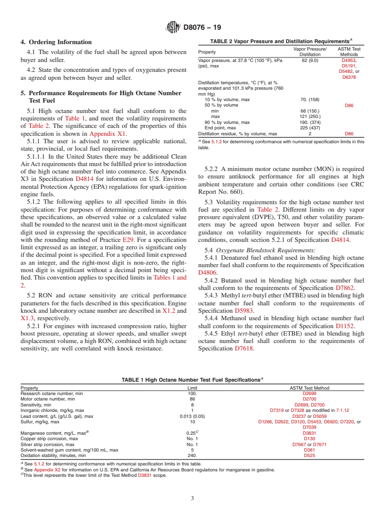 ASTM D8076-19 - Standard Specification for 100 Research Octane Number Test Fuel for Automotive Spark-Ignition  Engines