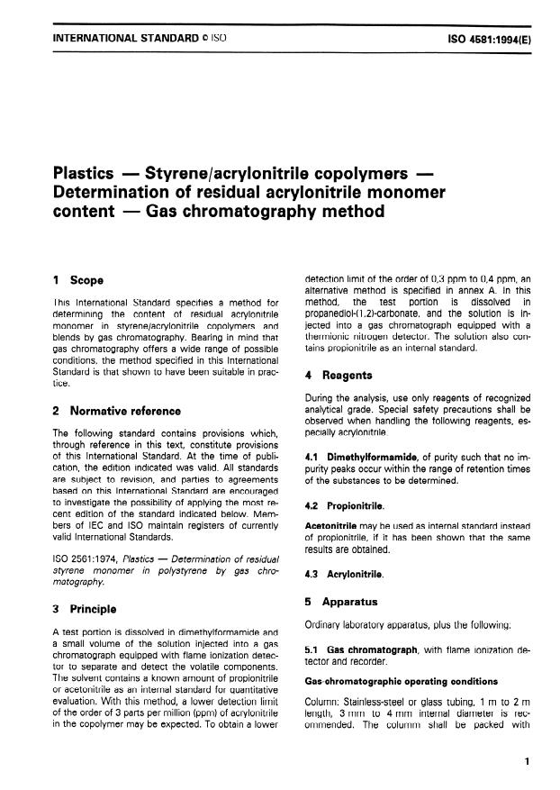 ISO 4581:1994 - Plastics -- Styrene/acrylonitrile copolymers -- Determination of residual acrylonitrile monomer content -- Gas chromatography method