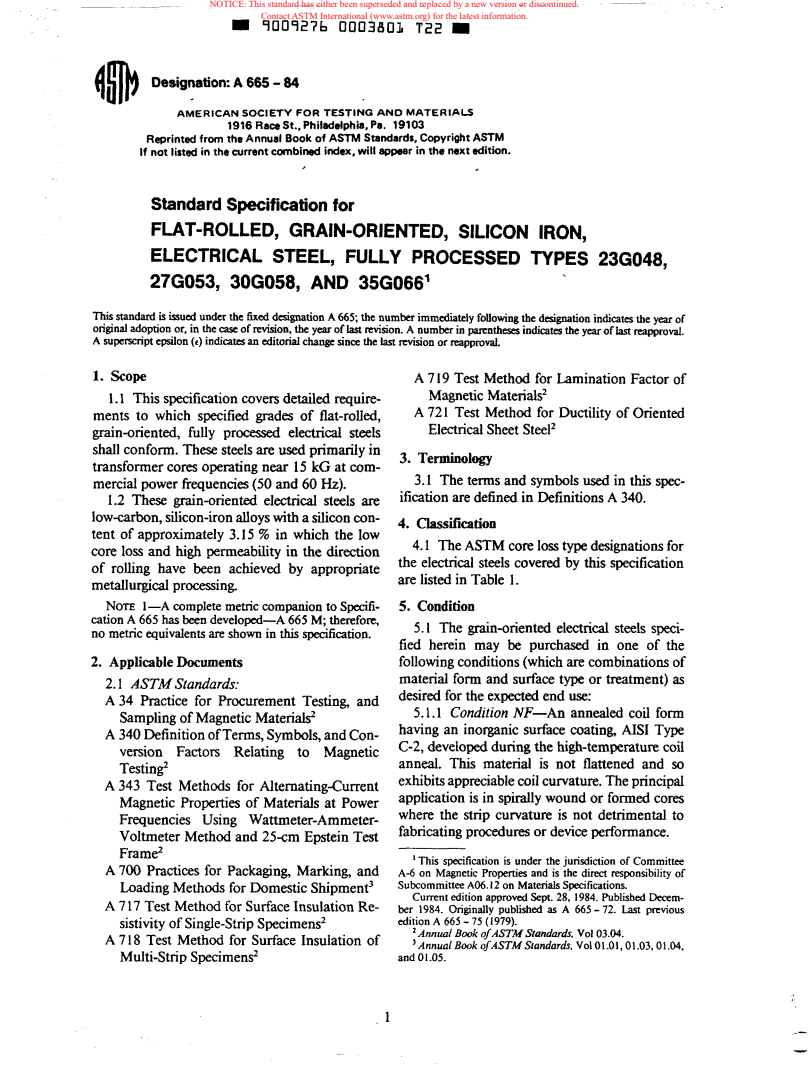 ASTM A665-84 - Specification for Flat-Rolled, Grain-Oriented, Silicon-Iron, Electrical Steel, Fully Processed, Types 23G048, 27G053, 30G058, and 35G066 (Withdrawn 1987)