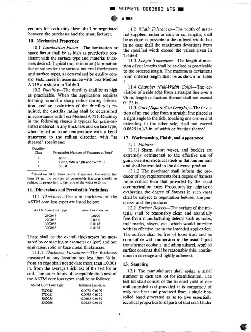 ASTM A665-84 - Specification for Flat-Rolled, Grain-Oriented, Silicon-Iron, Electrical Steel, Fully Processed, Types 23G048, 27G053, 30G058, and 35G066 (Withdrawn 1987)