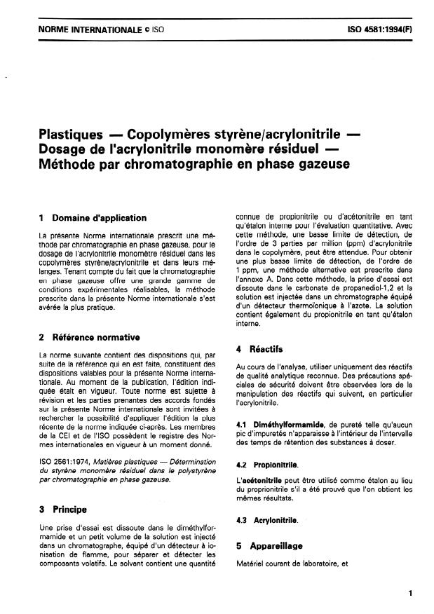 ISO 4581:1994 - Plastiques -- Copolymeres styrene/acrylonitrile -- Dosage de l'acrylonitrile monomere résiduel -- Méthode par chromatographie en phase gazeuse