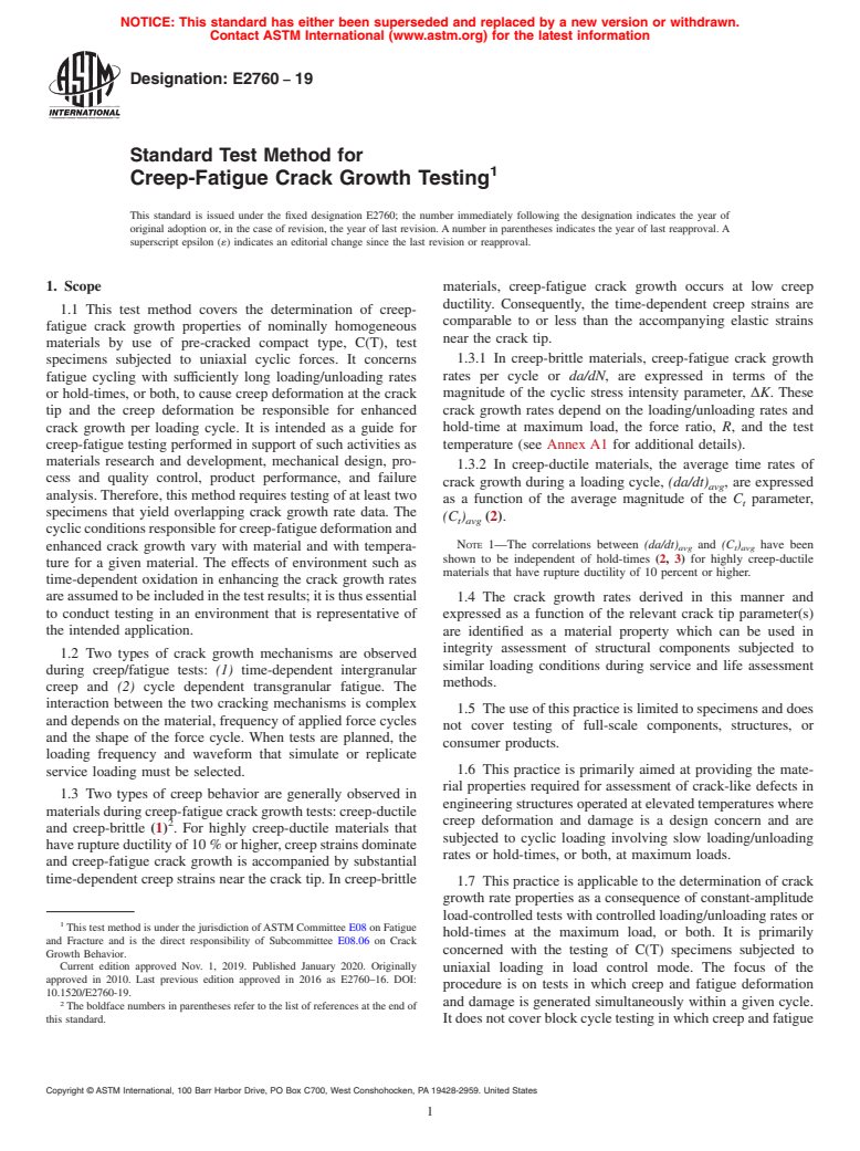 ASTM E2760-19 - Standard Test Method for  Creep-Fatigue Crack Growth Testing