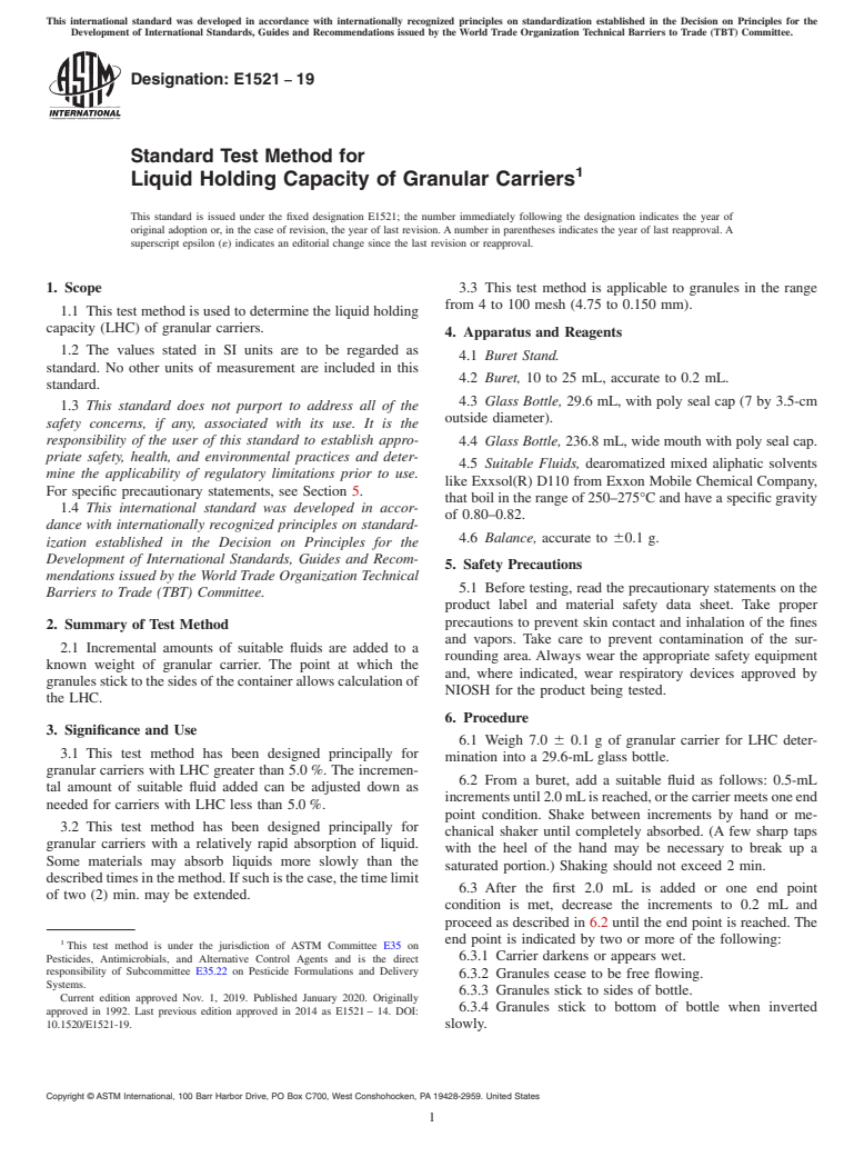 ASTM E1521-19 - Standard Test Method for  Liquid Holding Capacity of Granular Carriers