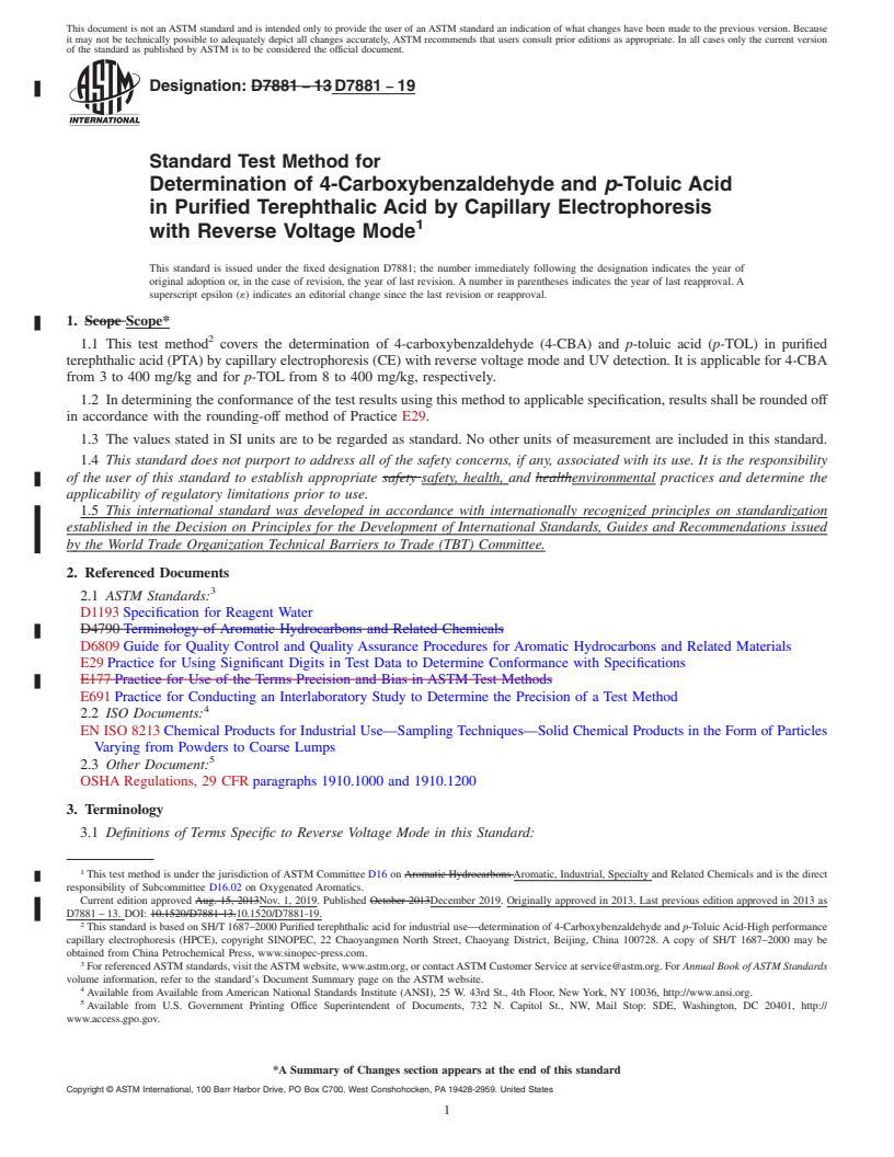 REDLINE ASTM D7881-19 - Standard Test Method for Determination of 4-Carboxybenzaldehyde and <emph type="bdit"  >p</emph>-Toluic Acid in Purified Terephthalic Acid by Capillary Electrophoresis  with Reverse Voltage Mode