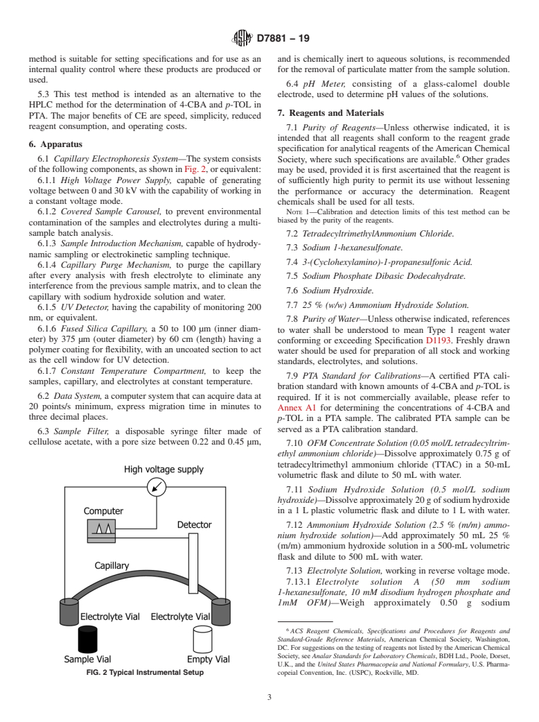 ASTM D7881-19 - Standard Test Method for Determination of 4-Carboxybenzaldehyde and <emph type="bdit"  >p</emph>-Toluic Acid in Purified Terephthalic Acid by Capillary Electrophoresis  with Reverse Voltage Mode