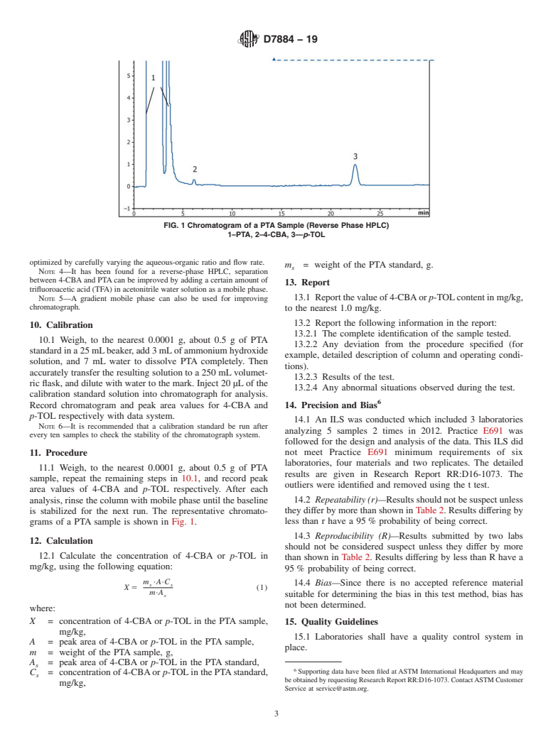 ASTM D7884-19 - Standard Test Method for Determination of 4-Carboxybenzaldehyde and <emph type="bdit"  >p</emph>-Toluic Acid in Purified Terephthalic Acid by Reverse Phase  High Performance Liquid Chromatography