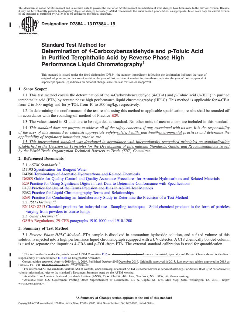 REDLINE ASTM D7884-19 - Standard Test Method for Determination of 4-Carboxybenzaldehyde and <emph type="bdit"  >p</emph>-Toluic Acid in Purified Terephthalic Acid by Reverse Phase  High Performance Liquid Chromatography