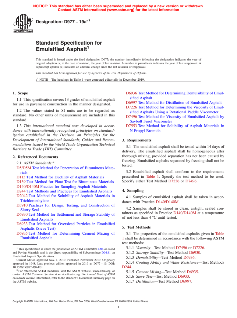 ASTM D977-19ae1 - Standard Specification for  Emulsified Asphalt