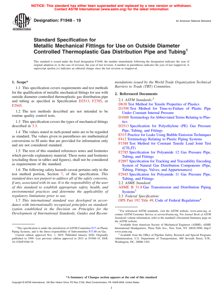 ASTM F1948-19 - Standard Specification for  Metallic Mechanical Fittings for Use on Outside Diameter Controlled   Thermoplastic Gas Distribution Pipe and Tubing