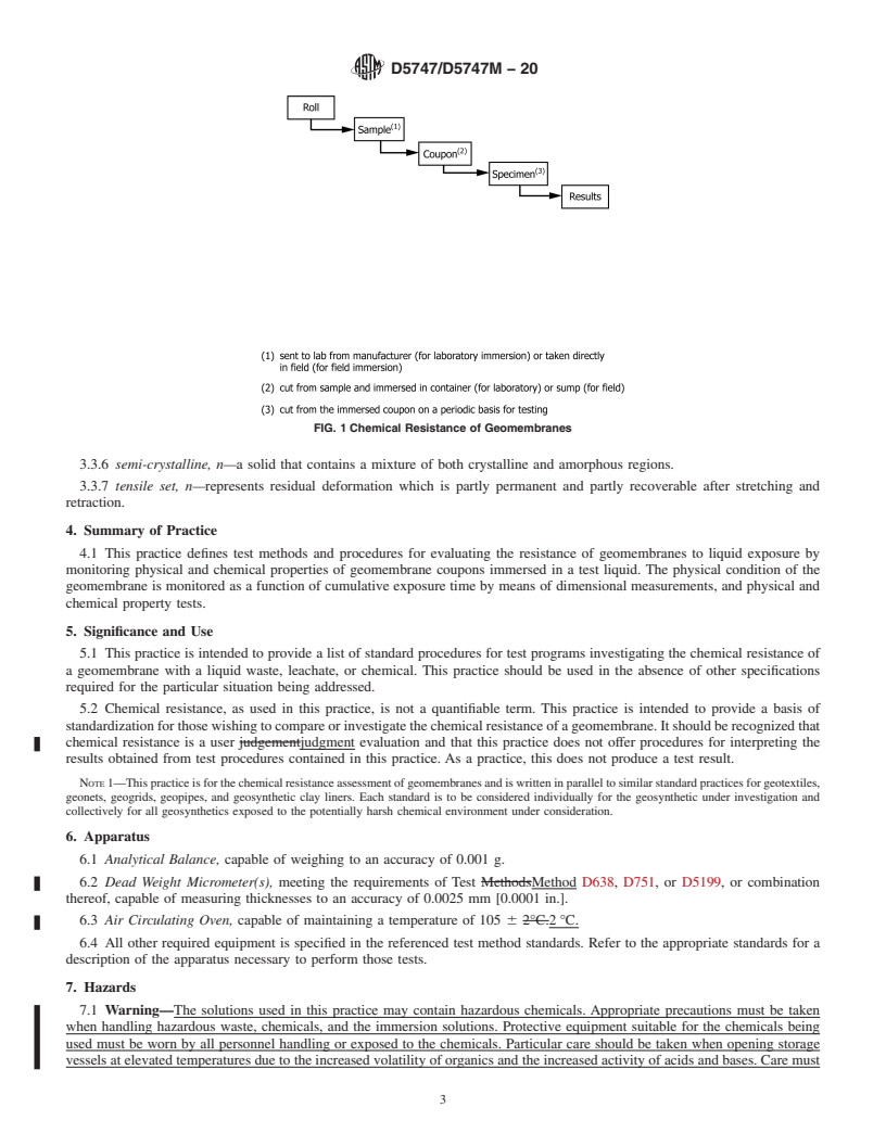 REDLINE ASTM D5747/D5747M-20 - Standard Practice for  Tests to Evaluate the Chemical Resistance of Geomembranes to  Liquids