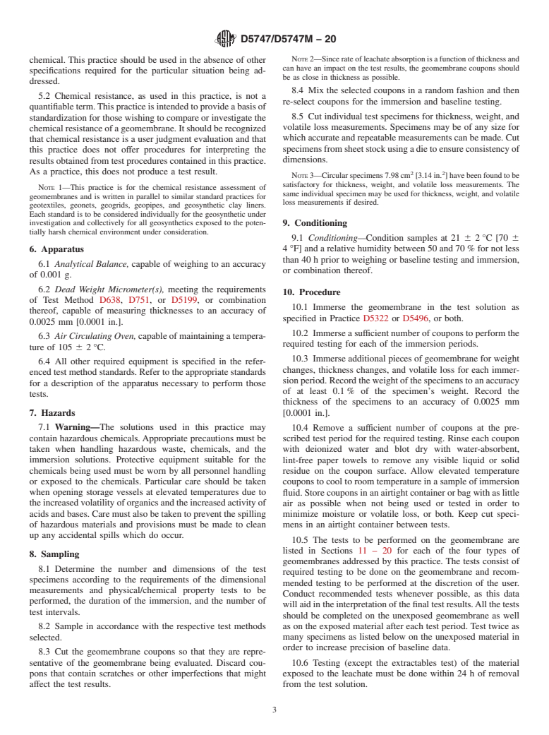 ASTM D5747/D5747M-20 - Standard Practice for  Tests to Evaluate the Chemical Resistance of Geomembranes to  Liquids