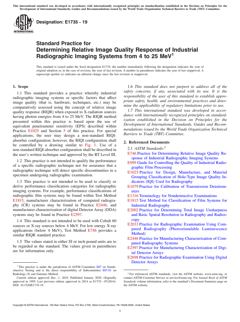 ASTM E1735-19 - Standard Practice for  Determining Relative Image Quality Response of Industrial Radiographic  Imaging Systems from 4 to 25 MeV
