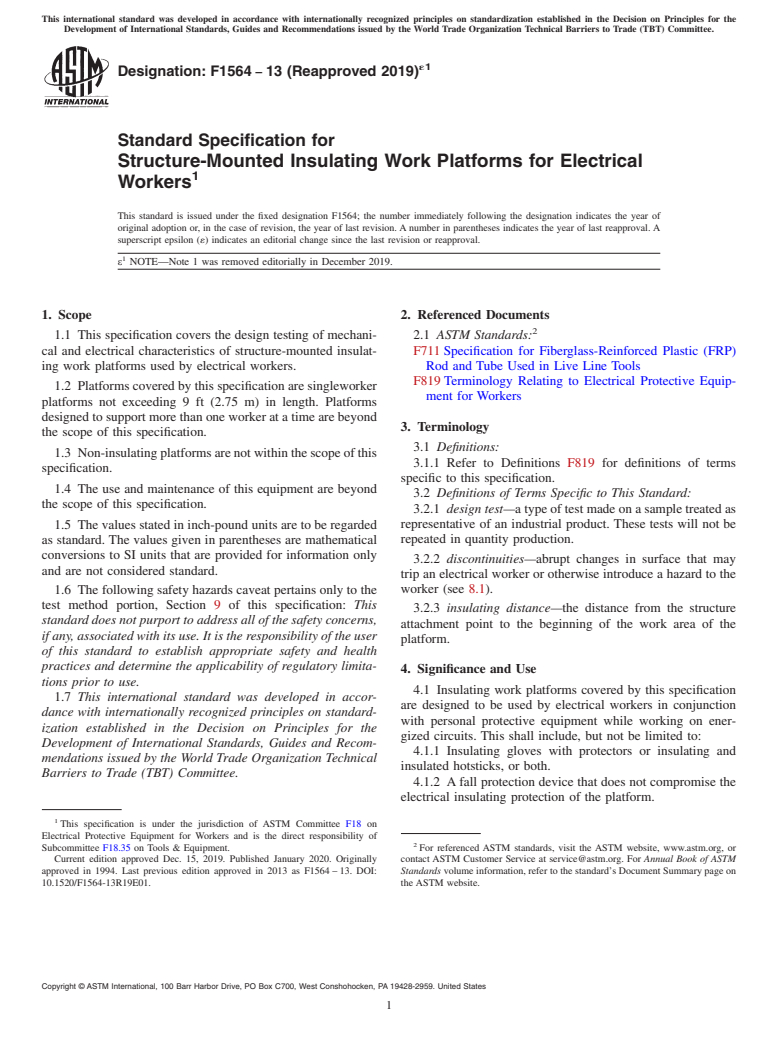 ASTM F1564-13(2019)e1 - Standard Specification for  Structure-Mounted Insulating Work Platforms for Electrical  Workers