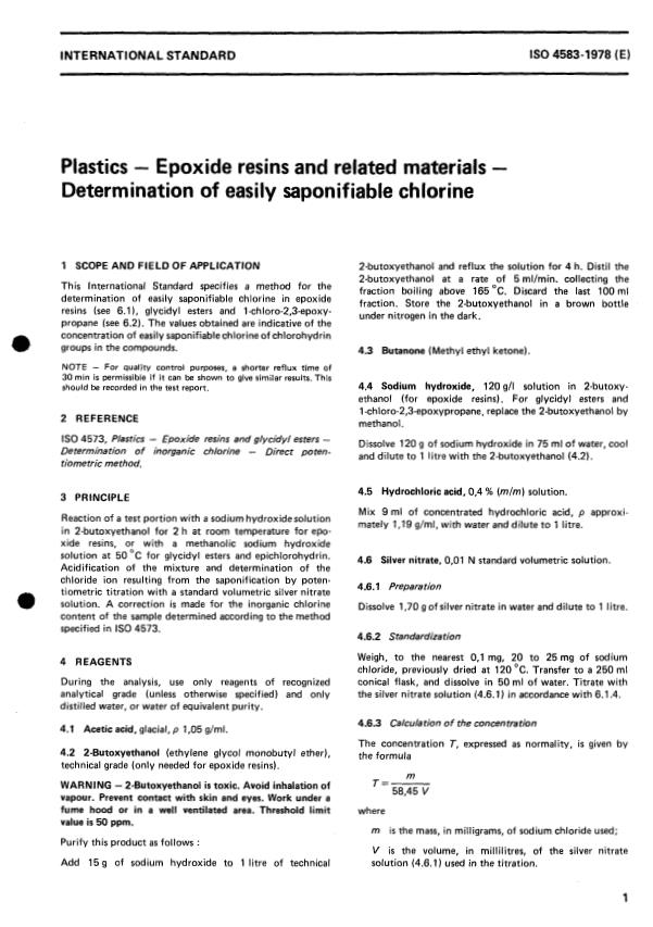 ISO 4583:1978 - Plastics -- Epoxy resins and related materials -- Determination of easily saponifiable chlorine