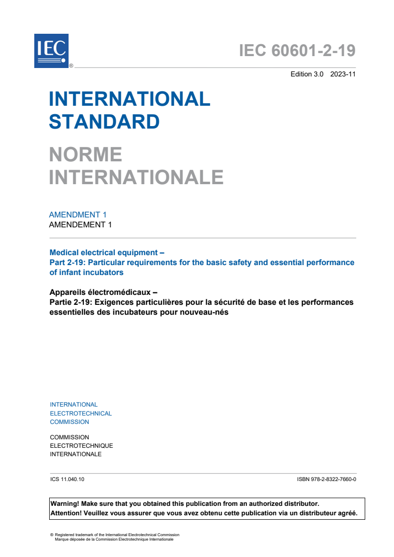 IEC 60601-2-19:2020/AMD1:2023 - Amendment 1 - Medical electrical equipment - Part 2-19: Particular requirements for the basic safety and essential performance of infant incubators
Released:11/9/2023
Isbn:9782832276600