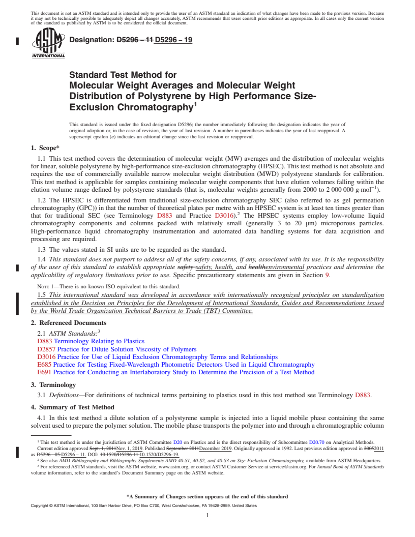 REDLINE ASTM D5296-19 - Standard Test Method for  Molecular Weight Averages and Molecular Weight Distribution  of Polystyrene by High Performance Size-Exclusion Chromatography