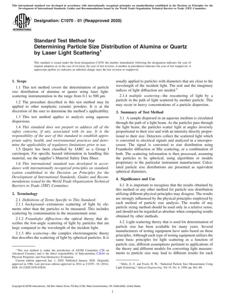 ASTM C1070-01(2020) - Standard Test Method for  Determining Particle Size Distribution of Alumina or Quartz   by Laser Light Scattering