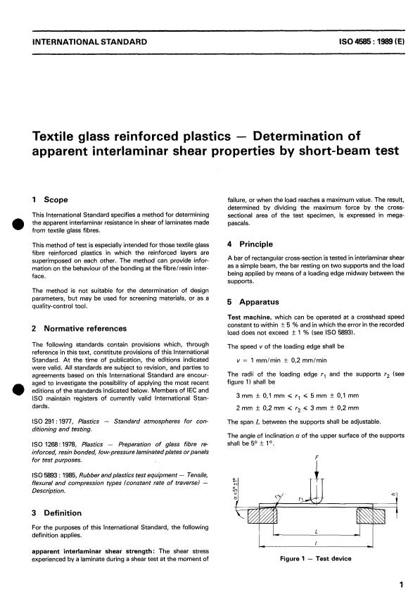 ISO 4585:1989 - Textile glass reinforced plastics -- Determination of apparent interlaminar shear properties by short-beam test