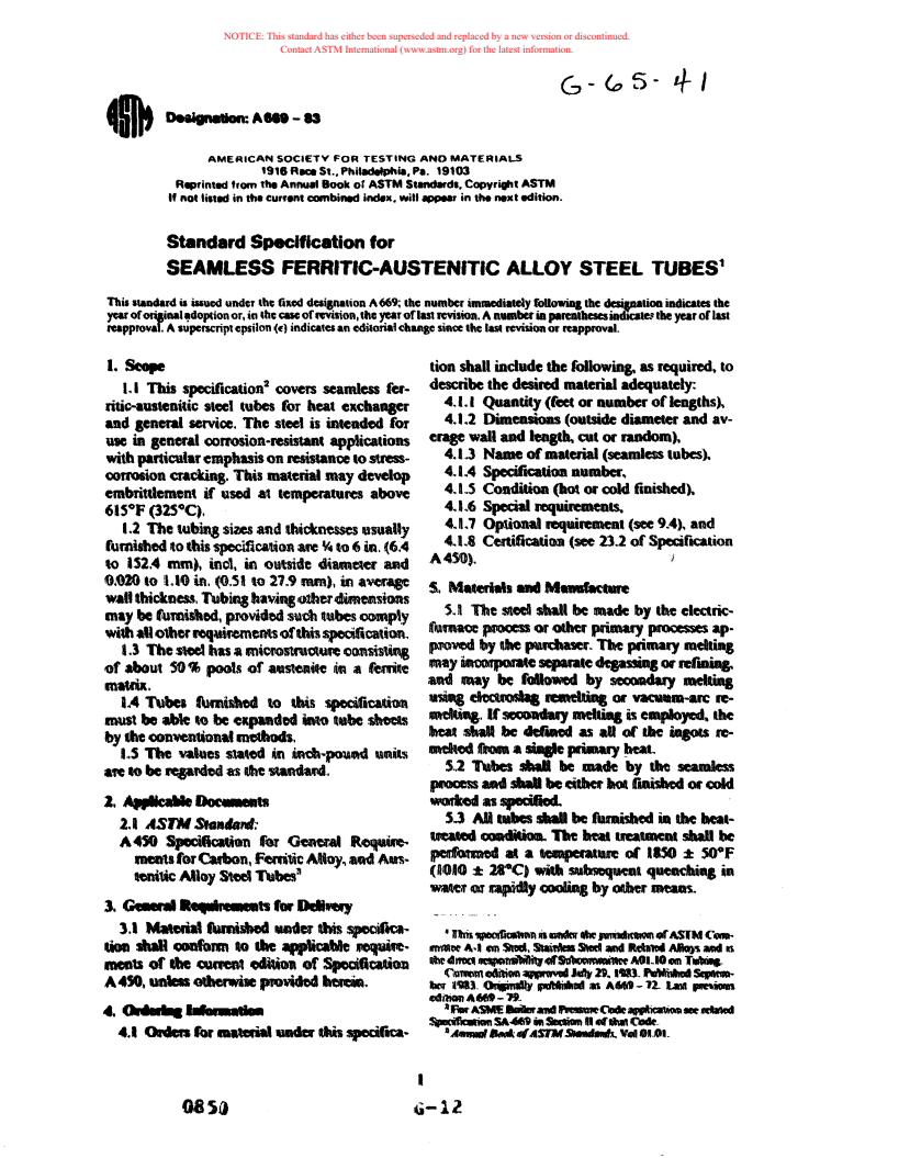 ASTM A669-83 - Specification for Seamless Ferritic-Austenitic Alloy Steel Tubes (Withdrawn 1983)