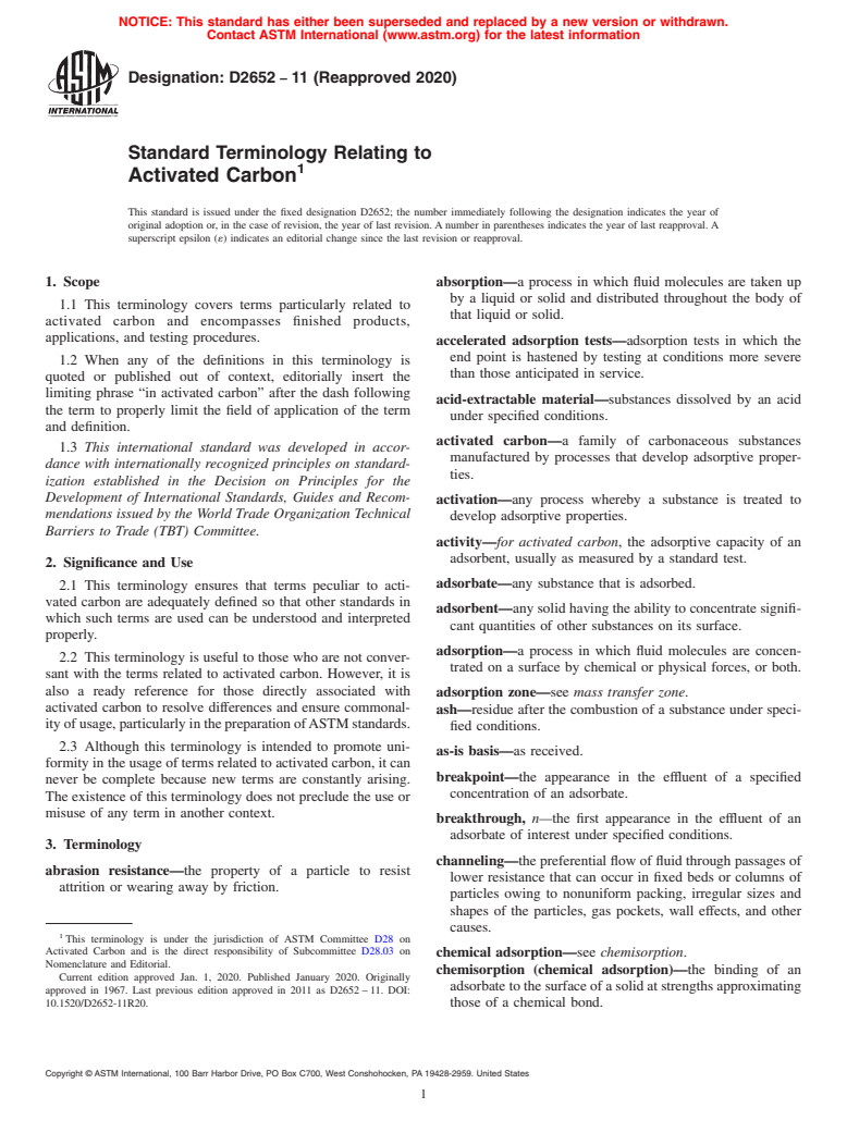 ASTM D2652-11(2020) - Standard Terminology Relating to  Activated Carbon