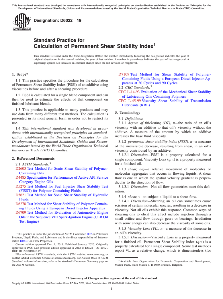 ASTM D6022-19 - Standard Practice for  Calculation of Permanent Shear Stability Index