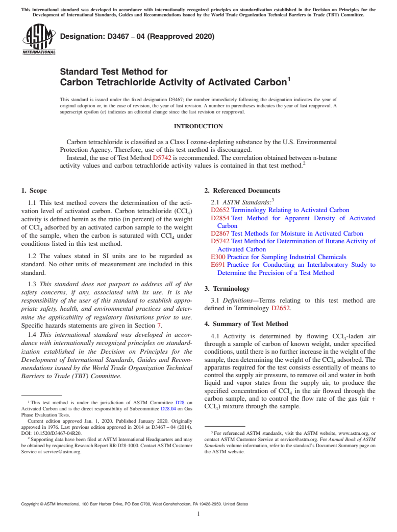 ASTM D3467-04(2020) - Standard Test Method for  Carbon Tetrachloride Activity of Activated Carbon