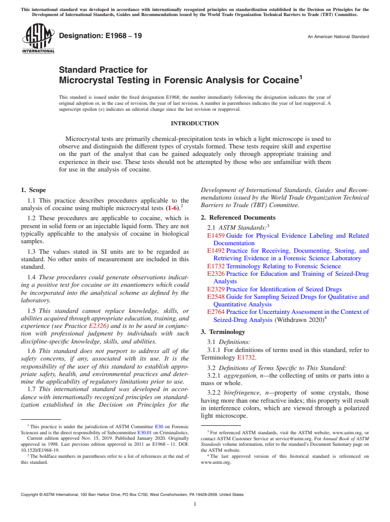 ASTM E1968-19 - Standard Practice for  Microcrystal Testing in Forensic Analysis for Cocaine