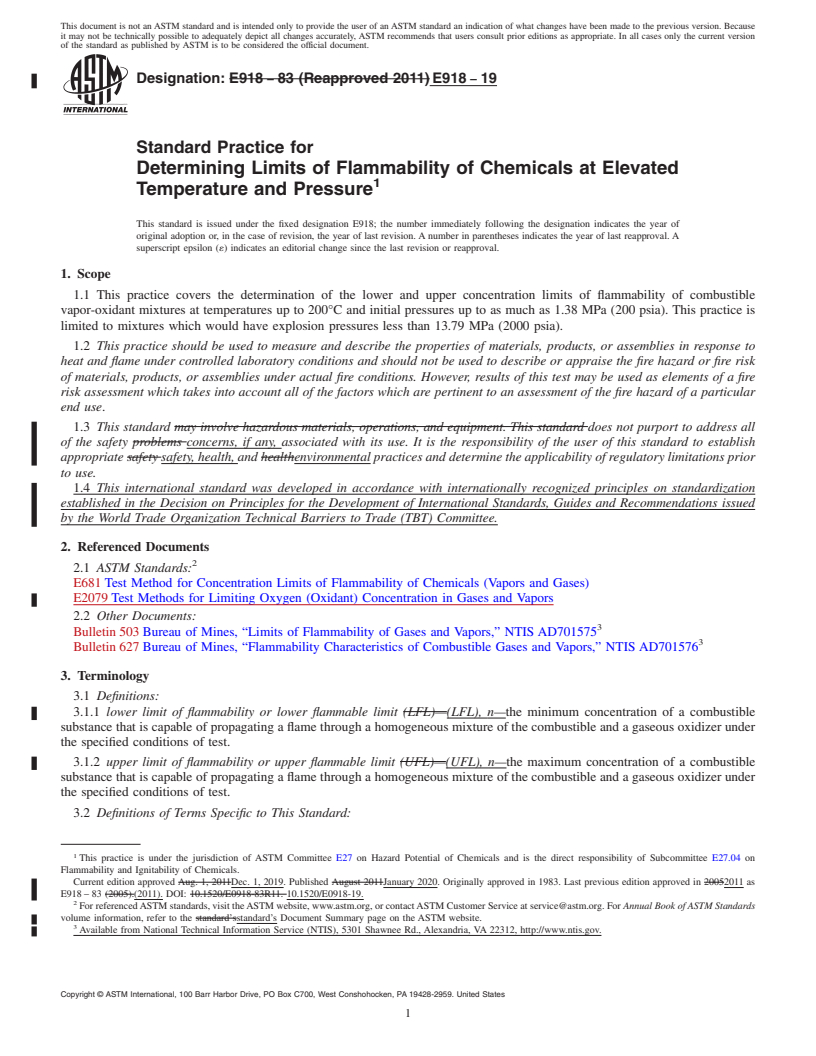 REDLINE ASTM E918-19 - Standard Practice for  Determining Limits of Flammability of Chemicals at Elevated  Temperature and Pressure