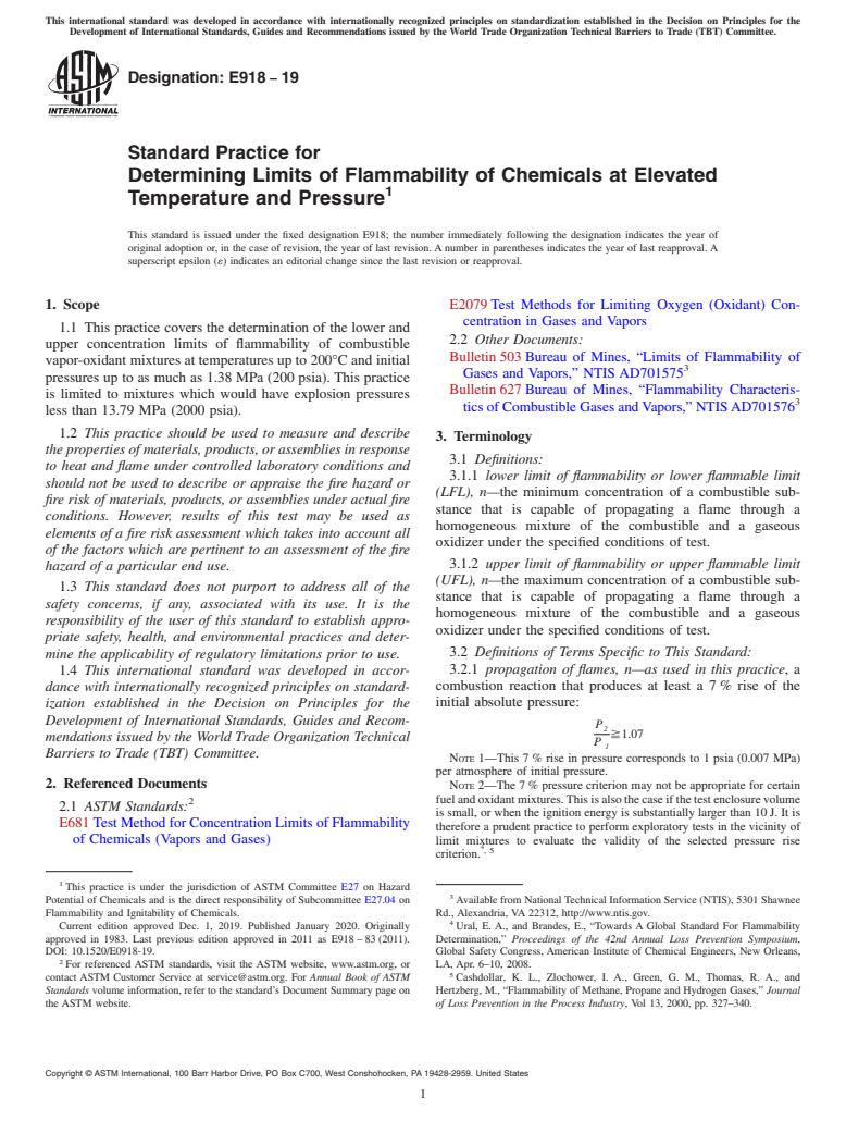 ASTM E918-19 - Standard Practice for  Determining Limits of Flammability of Chemicals at Elevated  Temperature and Pressure