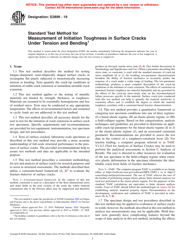 ASTM E2899-19 - Standard Test Method for Measurement of Initiation Toughness in Surface Cracks Under  Tension and Bending