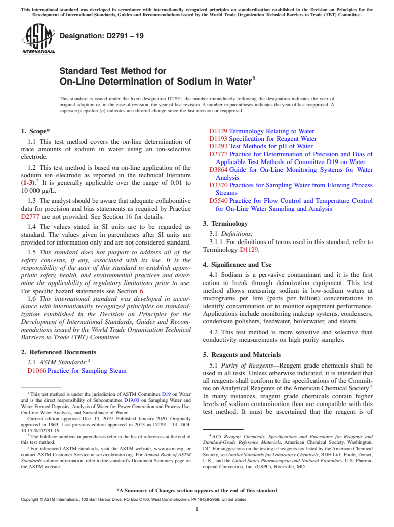 ASTM D2791-19 - Standard Test Method for  On-Line Determination of Sodium in Water