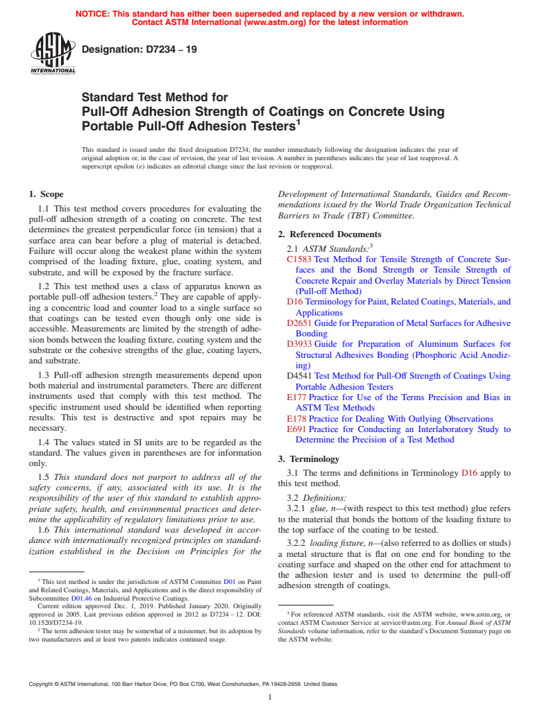 ASTM D7234-19 - Standard Test Method for  Pull-Off Adhesion Strength of Coatings on Concrete Using Portable  Pull-Off     Adhesion Testers